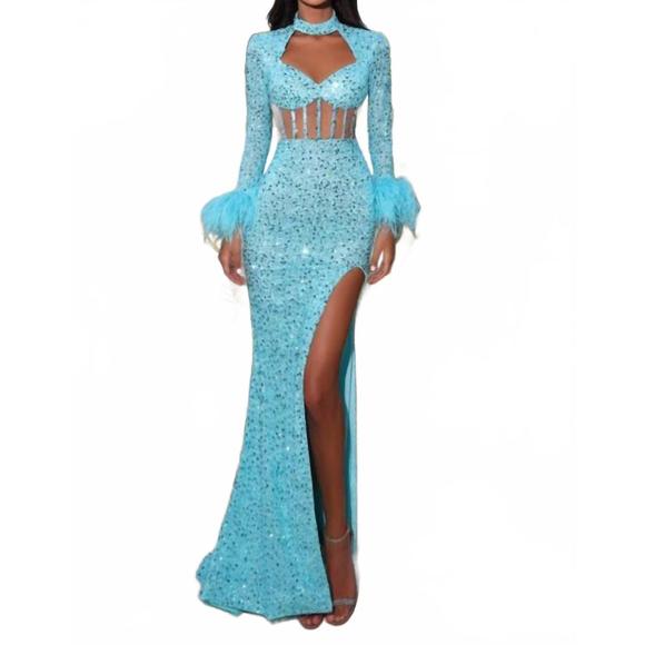 NEW PORTIA&SCARLETT corset cutout sequin evening gown in aqua